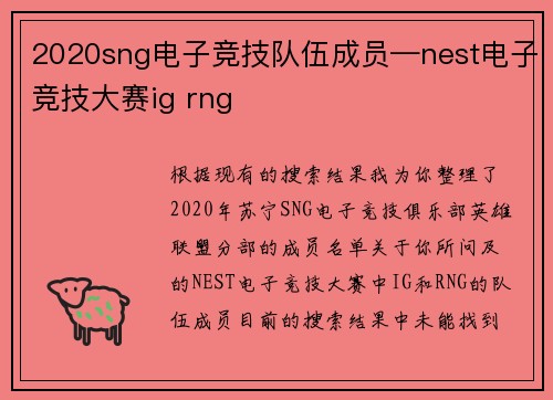 2020sng电子竞技队伍成员—nest电子竞技大赛ig rng