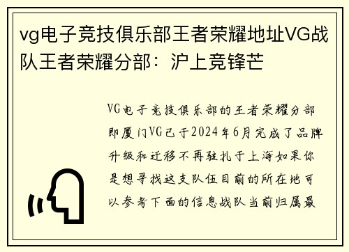 vg电子竞技俱乐部王者荣耀地址VG战队王者荣耀分部：沪上竞锋芒